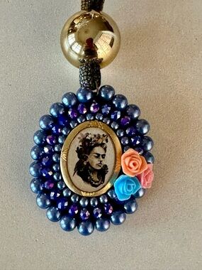 Blue Beaded Pendant Necklace with Multicolor Rose Accents